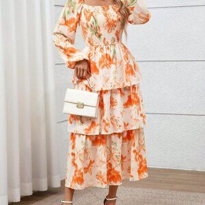 Apricot Orange Casual Women's Floral Maxi Dresses